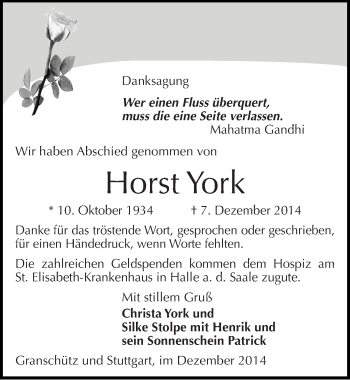 Traueranzeige von Horst York von Mitteldeutsche Zeitung Weißenfels