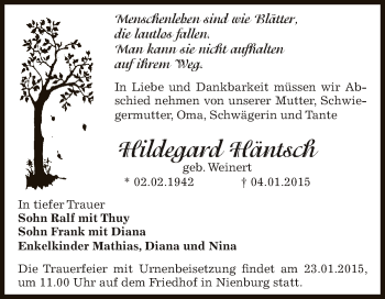 Traueranzeige von Hildegard Häntsch von Super Sonntag Bernburg