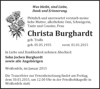 Traueranzeige von Christa Burghardt von WVG - Wochenspiegel NMB / WSF / ZTZ
