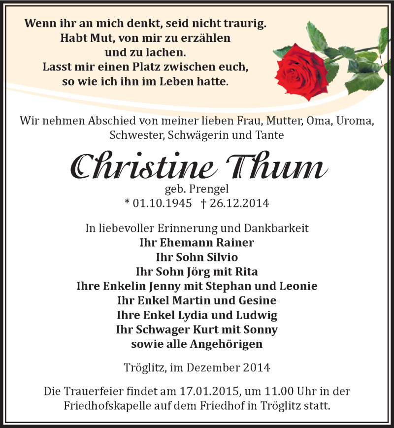  Traueranzeige für Christine Thum vom 08.01.2015 aus Mitteldeutsche Zeitung Zeitz