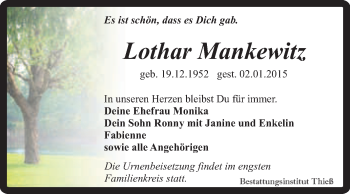 Traueranzeige von Lothar Mankewitz von Super Sonntag Quedlinburg