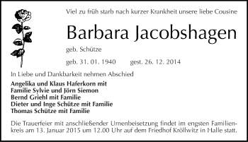 Traueranzeige von Barbara Jacobshagen von Mitteldeutsche Zeitung Halle/Saalkreis