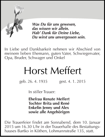 Traueranzeige von Horst Meffert von Mitteldeutsche Zeitung Köthen