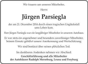 Traueranzeige von Jürgen Parsiegla von WVG - Wochenspiegel Merseburg