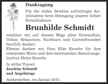Traueranzeige von Brunhilde Schmidt von Super Sonntag Aschersleben
