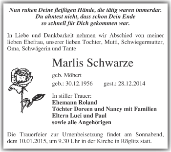 Traueranzeige von Marlis Schwarze von Super Sonntag Merseburg
