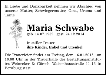 Traueranzeige von Maria Schwabe von Mitteldeutsche Zeitung Bernburg