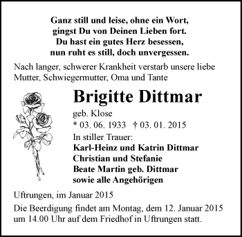 Traueranzeige von Brigitte Dittmar von Mitteldeutsche Zeitung Sangerhausen