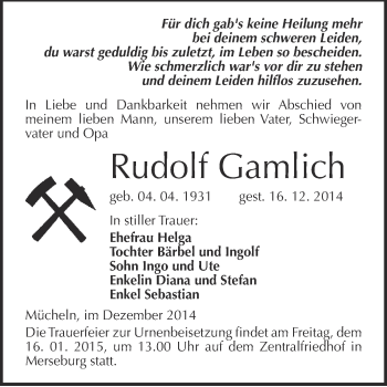 Traueranzeige von Rudolf Gamlich von WVG - Wochenspiegel Merseburg