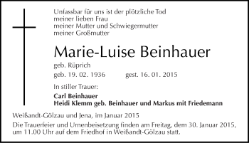 Traueranzeige von Marie-Luise Beinhauer von Mitteldeutsche Zeitung Köthen