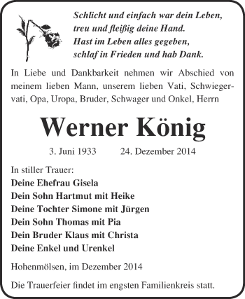 Traueranzeige von Werner König von WVG - Wochenspiegel NMB / WSF / ZTZ