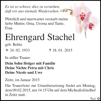 Traueranzeige von Ehrengard Stachel von Super Sonntag Zeitz