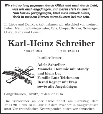Traueranzeige von Karl-Heinz Schreiber von WVG - Wochenspiegel SGH