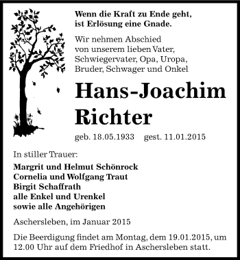 Traueranzeige von Hans-Joachim Richter von Mitteldeutsche Zeitung Aschersleben