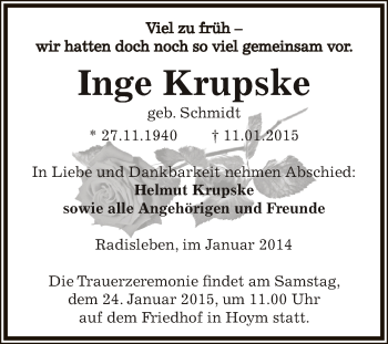 Traueranzeige von Inge Krupske von Super Sonntag Aschersleben