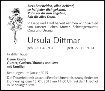 Traueranzeige von Ursula Dittmar von Mitteldeutsche Zeitung Sangerhausen