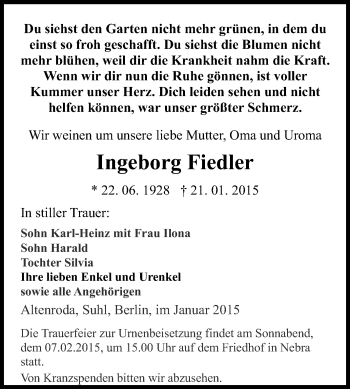 Traueranzeige von Ingeborg Fiedler von WVG - Wochenspiegel NMB / WSF / ZTZ