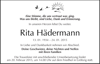 Traueranzeige von Rita Hädermann von Mitteldeutsche Zeitung Köthen
