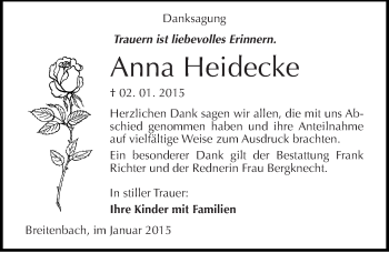 Traueranzeige von Anna Heidecke von Mitteldeutsche Zeitung Sangerhausen