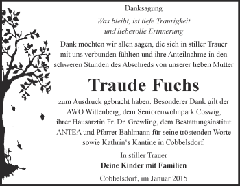 Traueranzeige von Traude Fuchs von Super Sonntag Wittenberg