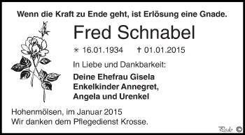 Traueranzeige von Fred Schnabel von WVG - Wochenspiegel NMB / WSF / ZTZ