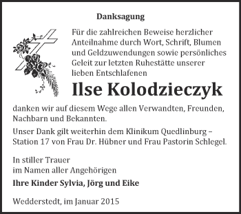 Traueranzeige von Ilse Kolodzieczyk von WVG - Wochenspiegel Quedlinburg