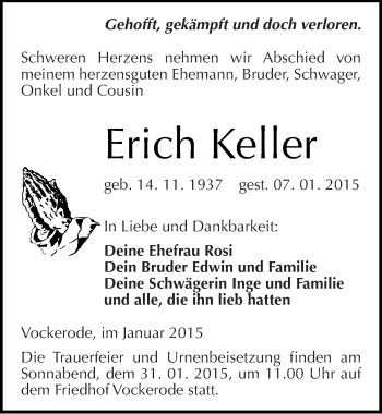Traueranzeige von Erich Keller von Mitteldeutsche Zeitung Wittenberg