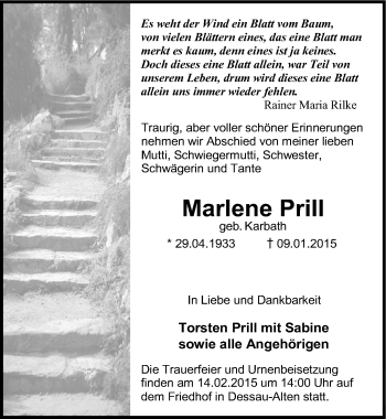 Traueranzeige von Marlene Prill von Mitteldeutsche Zeitung Dessau-Roßlau