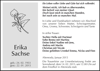 Traueranzeige von Erika Sachse von Mitteldeutsche Zeitung Naumburg/Nebra