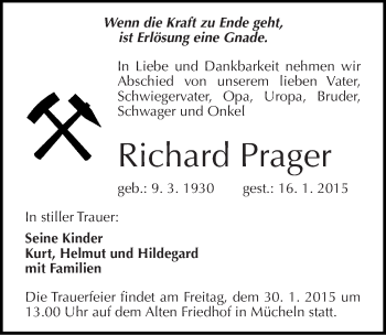Traueranzeige von Richard Prager von Mitteldeutsche Zeitung Merseburg/Querfurt