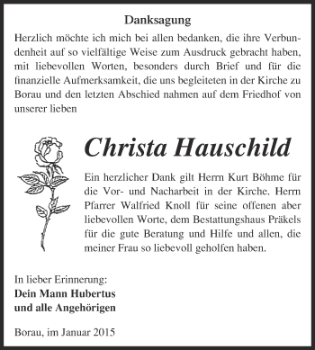 Traueranzeige von Christa Hauschild von WVG - Wochenspiegel NMB / WSF / ZTZ