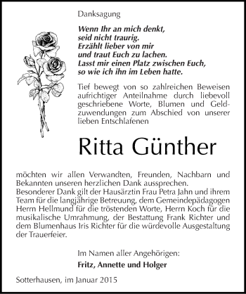 Traueranzeige von Ritta Günther von Mitteldeutsche Zeitung Sangerhausen