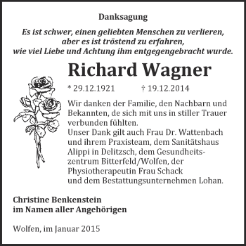 Traueranzeige von Richard Wagner von WVG - Wochenspiegel Bitterfeld