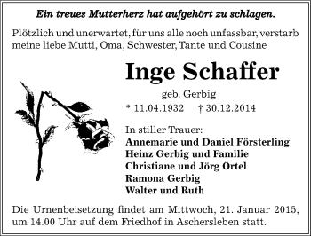 Traueranzeige von Inge Schaffer von Mitteldeutsche Zeitung Aschersleben