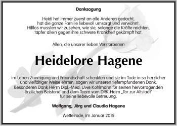 Traueranzeige von Heidelore Hagene von Mitteldeutsche Zeitung Sangerhausen