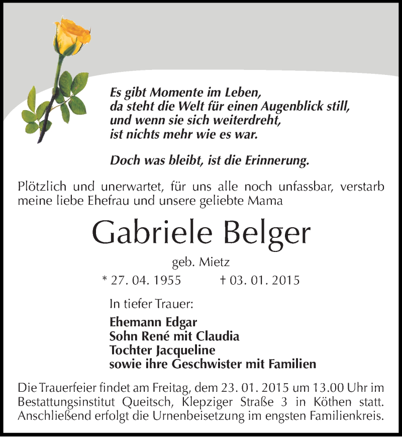  Traueranzeige für Gabriele Belger vom 10.01.2015 aus Mitteldeutsche Zeitung Köthen