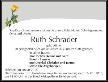 Traueranzeige von Ruth Schrader von Mitteldeutsche Zeitung Mansfelder Land
