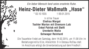 Traueranzeige von Heinz-Dieter Waßmuth von WVG - Wochenspiegel Dessau / Köthen