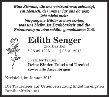 Traueranzeige von Edith Senger von Wochenspiegel Mansfelder Land