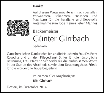Traueranzeige von Günter Girrbach von WVG - Wochenspiegel Dessau / Köthen