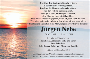 Traueranzeige von Jürgen Nebe von Super Sonntag Merseburg