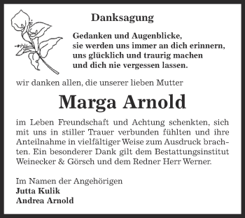Traueranzeige von Marga Arnold von Super Sonntag Bernburg