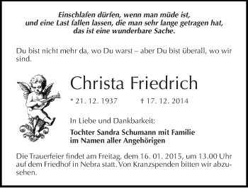 Traueranzeige von Christa Friedrich von Mitteldeutsche Zeitung Naumburg/Nebra