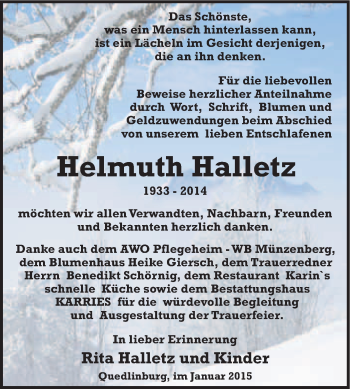 Traueranzeige von Helmuth Halletz von WVG - Wochenspiegel Quedlinburg