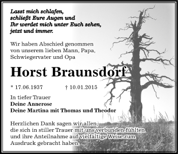 Traueranzeige von Horst Braunsdorf von Mitteldeutsche Zeitung Dessau-Roßlau