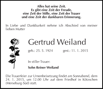 Traueranzeige von Gertrud Weiland von Mitteldeutsche Zeitung Merseburg/Querfurt