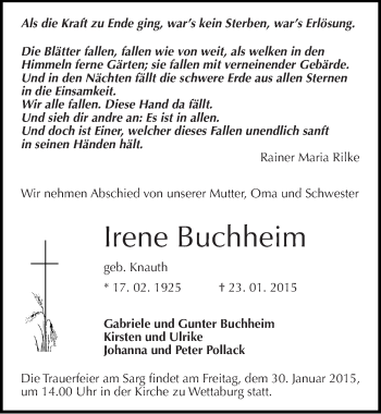 Traueranzeige von Irene Buchheim von Mitteldeutsche Zeitung Naumburg/Nebra