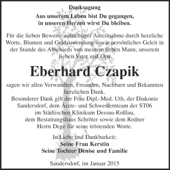 Traueranzeige von Eberhard Czapik von WVG - Wochenspiegel Bitterfeld