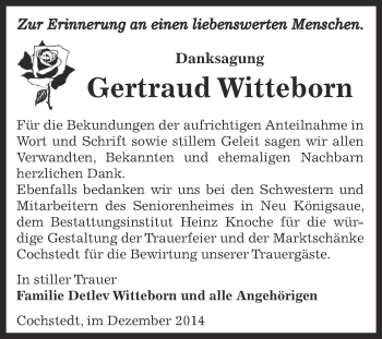 Traueranzeige von Gertraud Witteborn von Super Sonntag Aschersleben