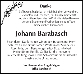 Traueranzeige von Johann Barabasch von WVG - Wochenspiegel Dessau / Köthen